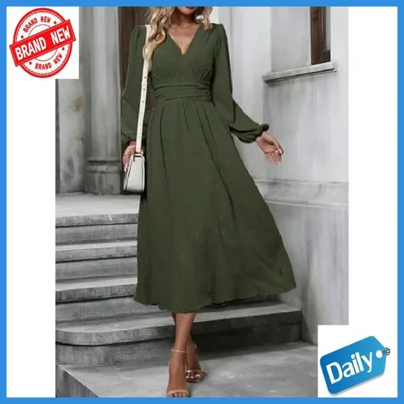 Swiss Dot Maxi Dress V-Neck Long Lantern Sleeves A-Line Flowy - Picture 7 of 8